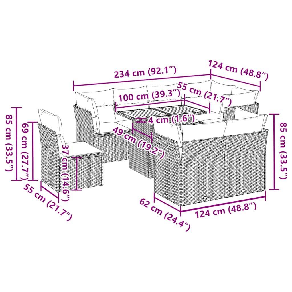 9-Delige Loungeset Met Kussens Poly Rattan