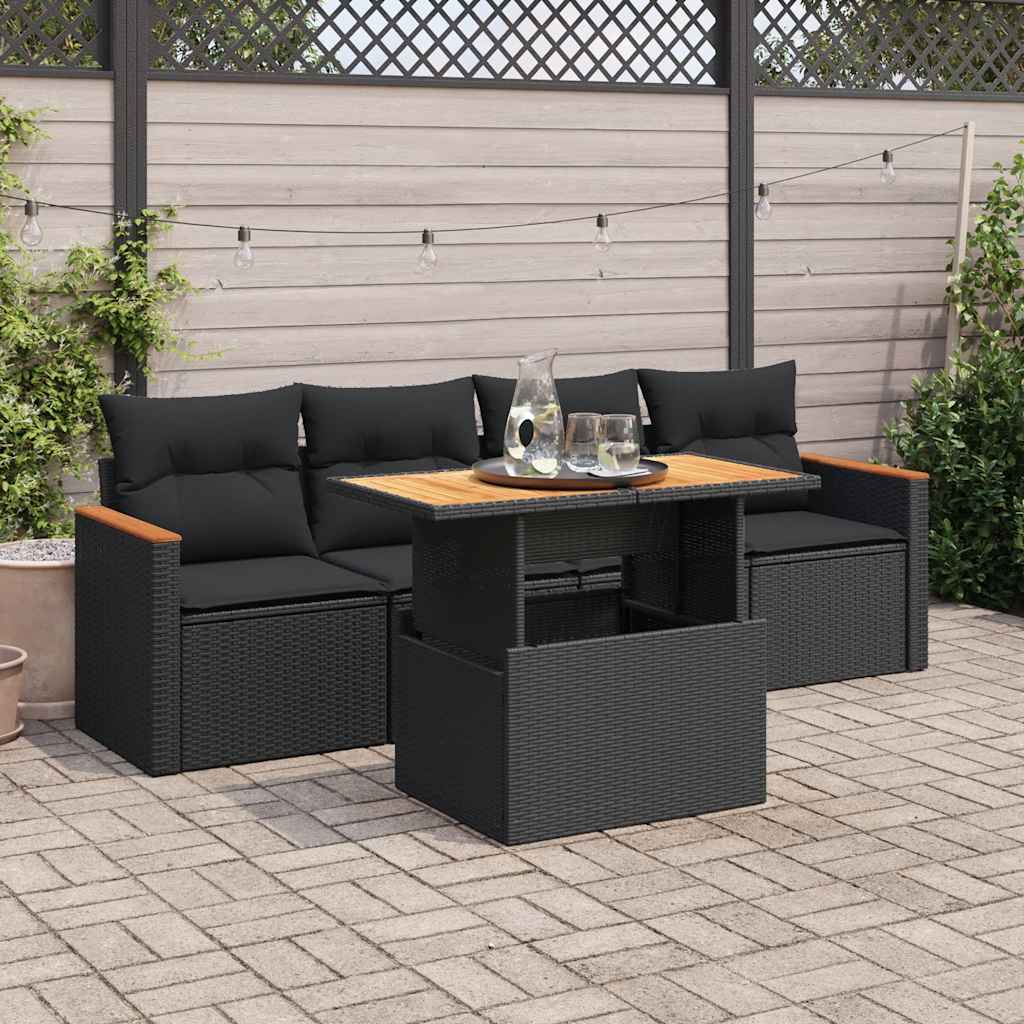 5-Delige Loungeset Met Kussens Poly Rattan En Acaciahout