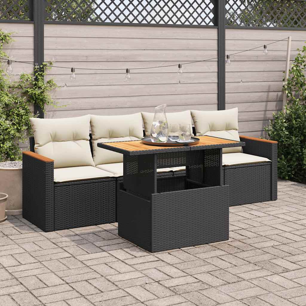 5-Delige Loungeset Met Kussens Poly Rattan En Acaciahout