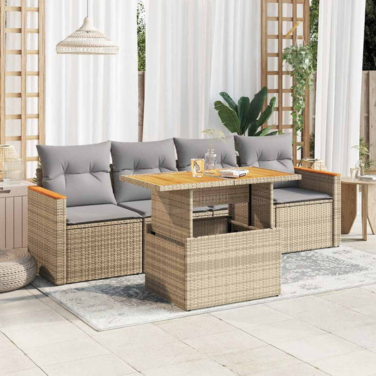 5-Delige Loungeset Met Kussens Poly Rattan En Acaciahout