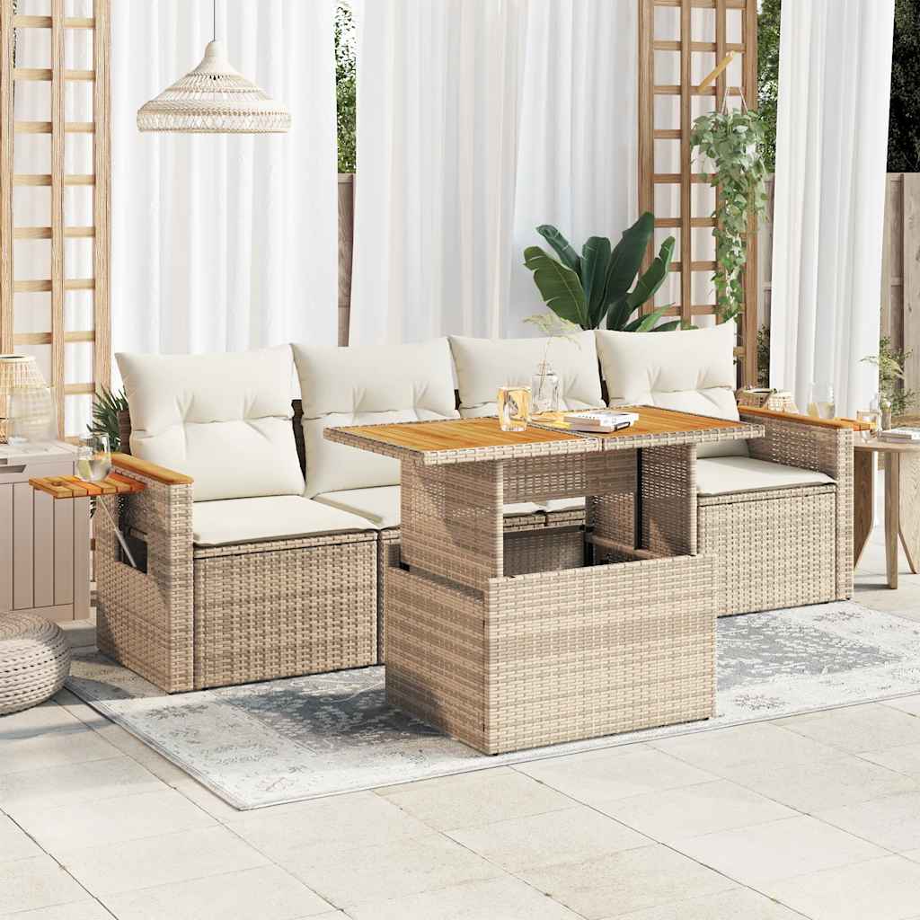 5-Delige Loungeset Met Kussens Poly Rattan Acacia